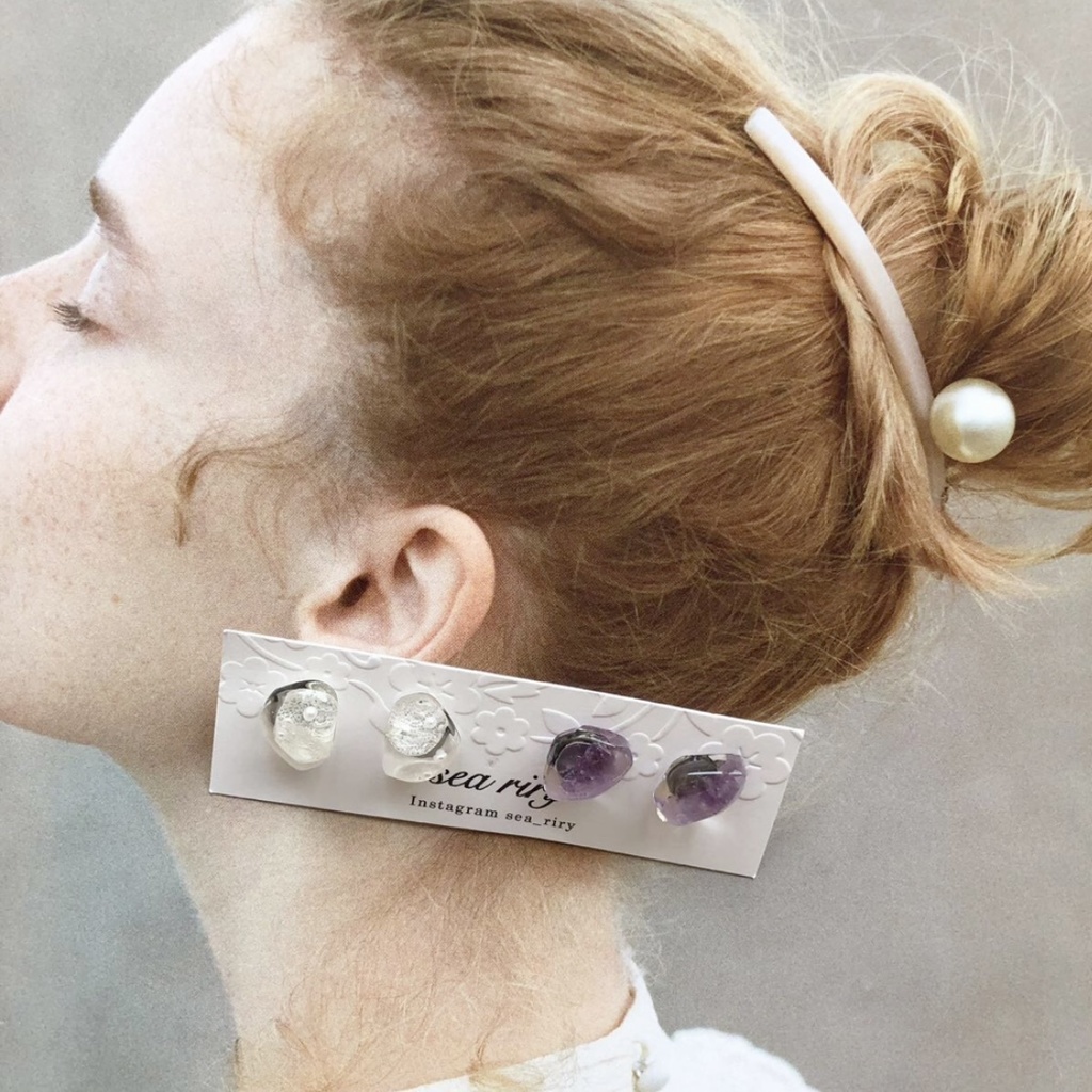 no.102 花鉱石と天然石のアメジストの鉱石ピアス 限定セット 紫陽花 パール 天然石 アメジスト ハンドメイドピアス