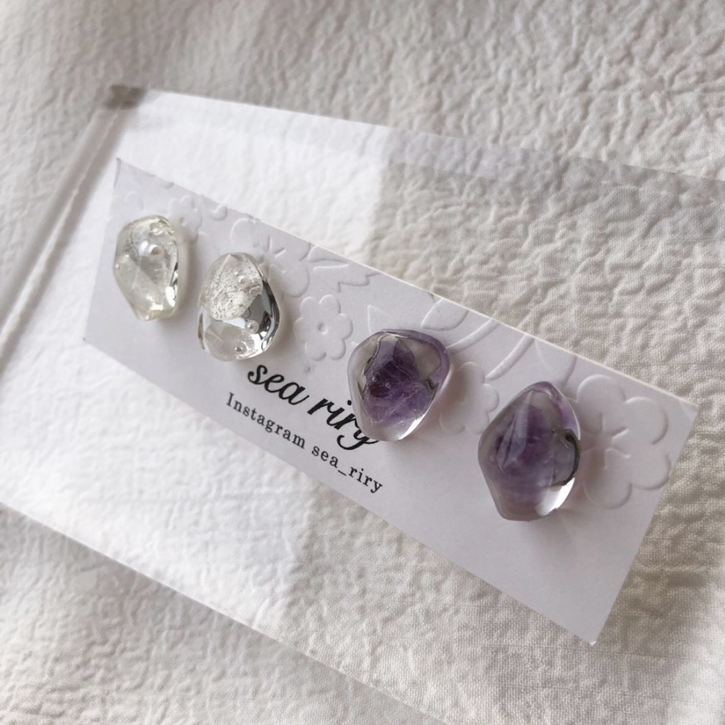 no.102 花鉱石と天然石のアメジストの鉱石ピアス 限定セット 紫陽花 パール 天然石 アメジスト ハンドメイドピアス