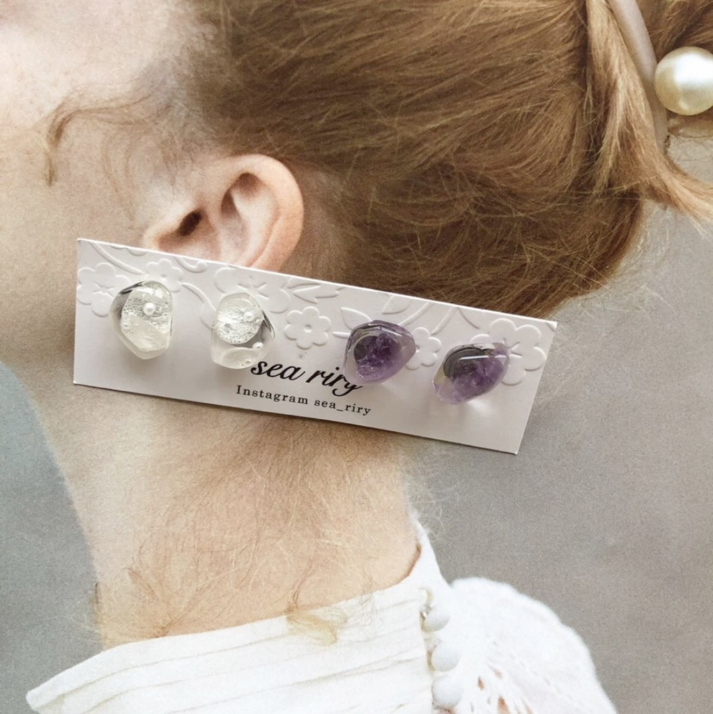 no.102 花鉱石と天然石のアメジストの鉱石ピアス 限定セット 紫陽花 パール 天然石 アメジスト ハンドメイドピアス