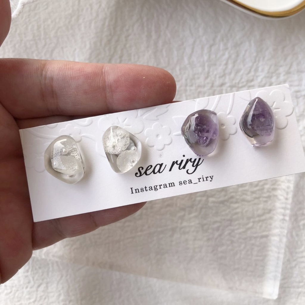 no.102 花鉱石と天然石のアメジストの鉱石ピアス 限定セット 紫陽花 パール 天然石 アメジスト ハンドメイドピアス