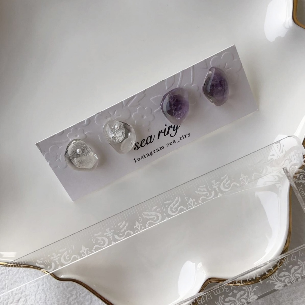 no.102 花鉱石と天然石のアメジストの鉱石ピアス 限定セット 紫陽花 パール 天然石 アメジスト ハンドメイドピアス