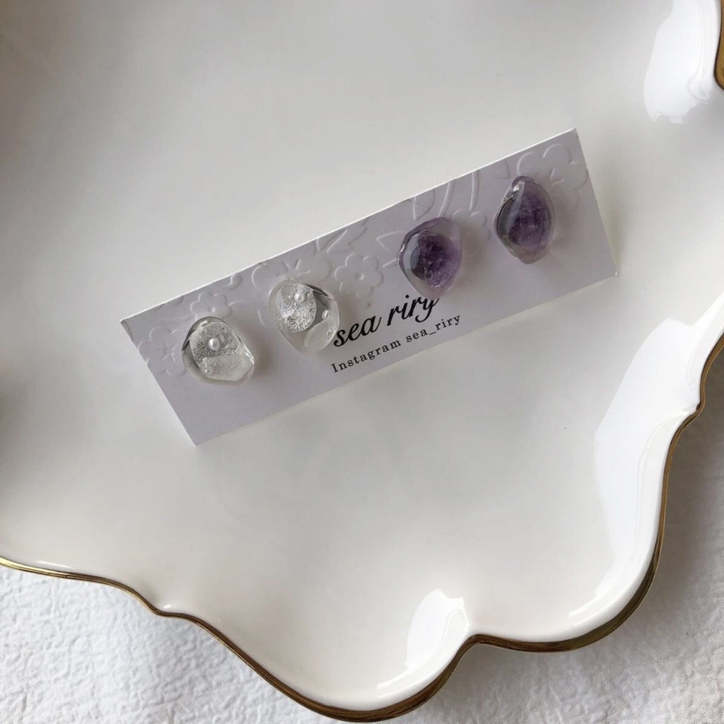 no.102 花鉱石と天然石のアメジストの鉱石ピアス 限定セット 紫陽花 パール 天然石 アメジスト ハンドメイドピアス