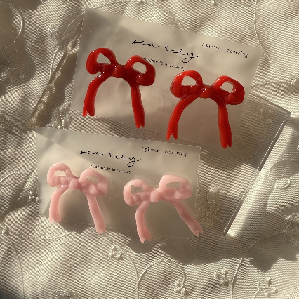 no.104 リボンピアス ribbon あかいろ red リボンアクセサリー レジンピアス ハンドメイドピアス