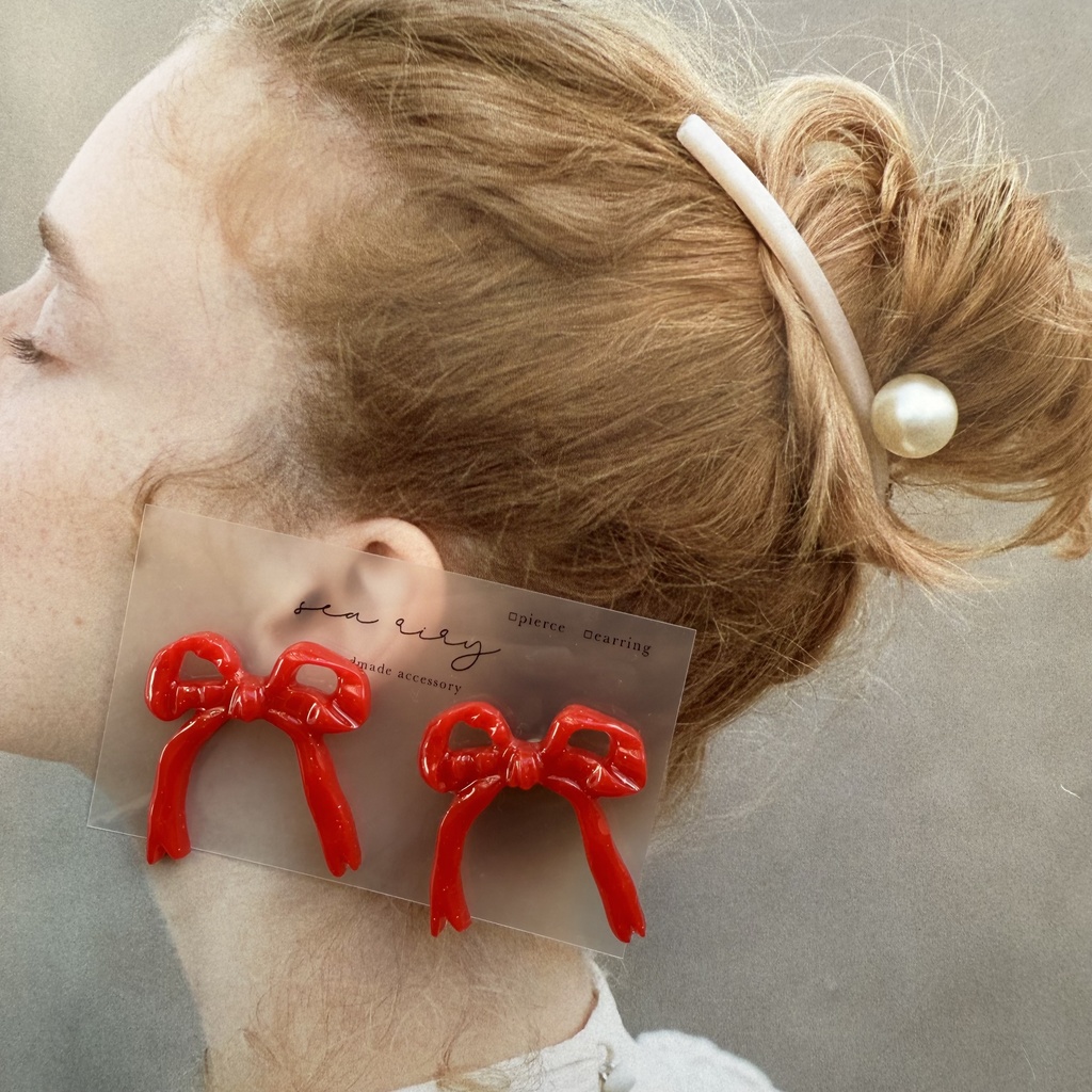 no.104 リボンピアス ribbon あかいろ red リボンアクセサリー レジンピアス ハンドメイドピアス