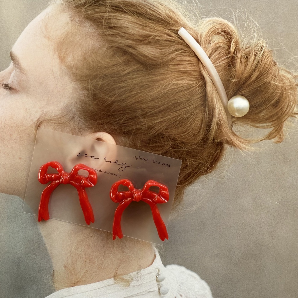 no.104 リボンピアス ribbon あかいろ red リボンアクセサリー レジンピアス ハンドメイドピアス