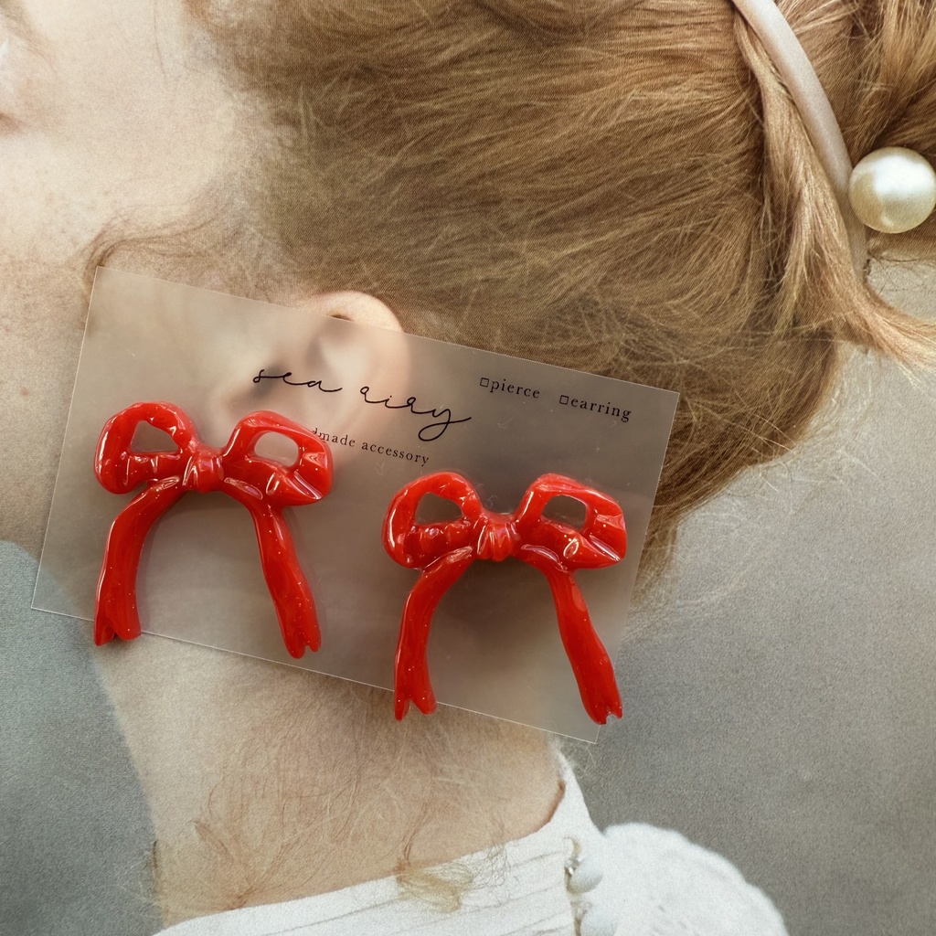 no.104 リボンピアス ribbon あかいろ red リボンアクセサリー レジンピアス ハンドメイドピアス
