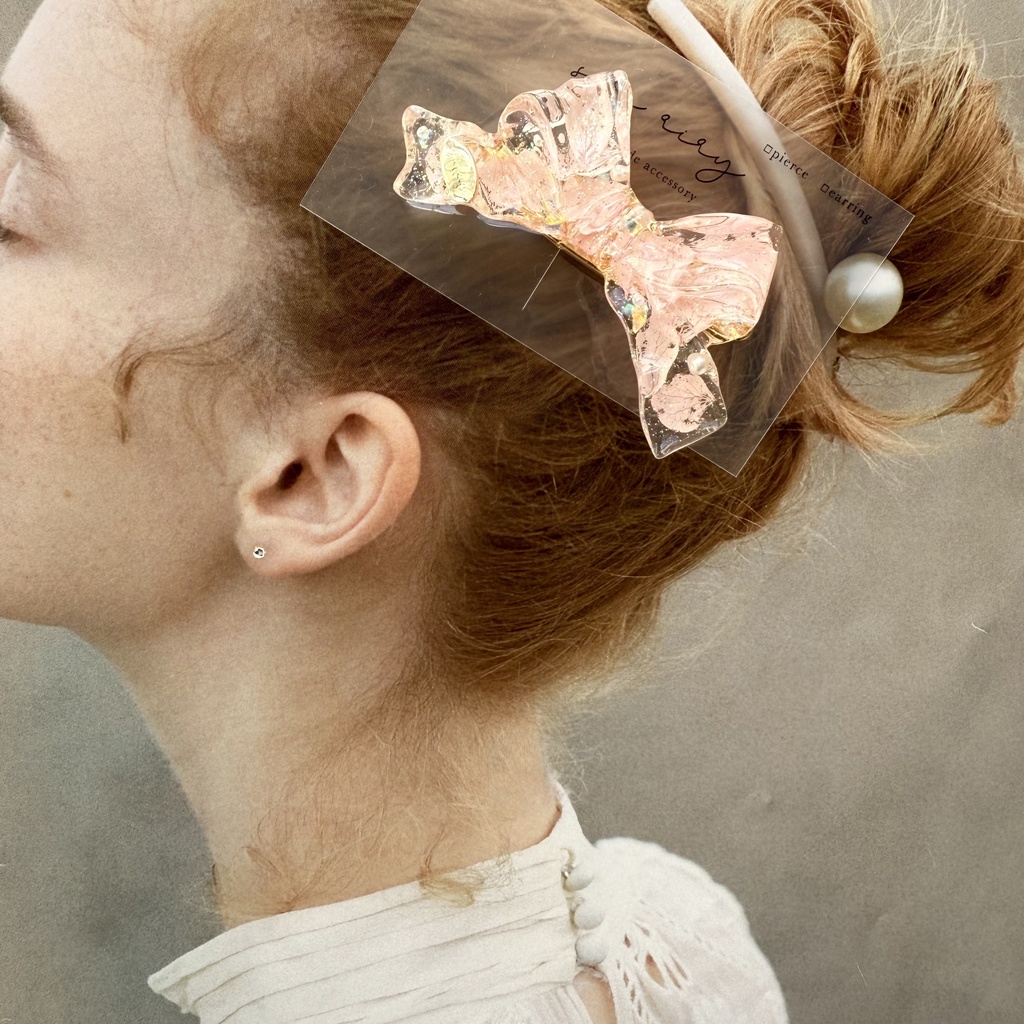 no.113 桜色紫陽花とパールのリボンヘアクリップ 淡色 ピンク ドライフラワー リボン レジンクリップ ハンドメイド