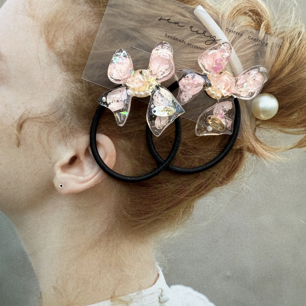 no.114 桜色リボンヘアゴム さくら色 紫陽花 パール ribbon ハンドメイドヘアゴム キッズ kids