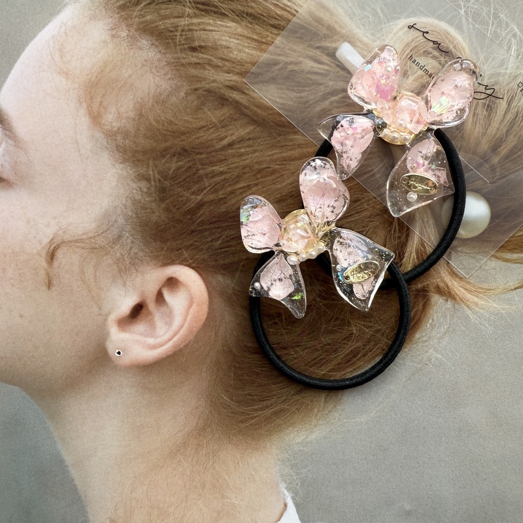 no.114 桜色リボンヘアゴム さくら色 紫陽花 パール ribbon ハンドメイドヘアゴム キッズ kids