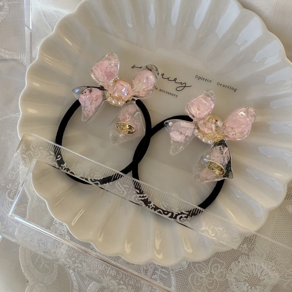 no.114 桜色リボンヘアゴム さくら色 紫陽花 パール ribbon ハンドメイドヘアゴム キッズ kids