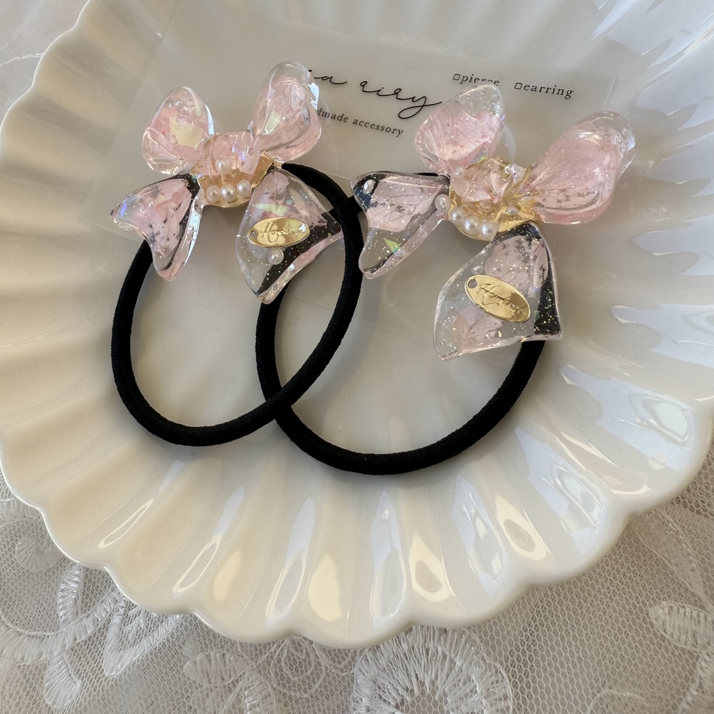 no.114 桜色リボンヘアゴム さくら色 紫陽花 パール ribbon ハンドメイドヘアゴム キッズ kids