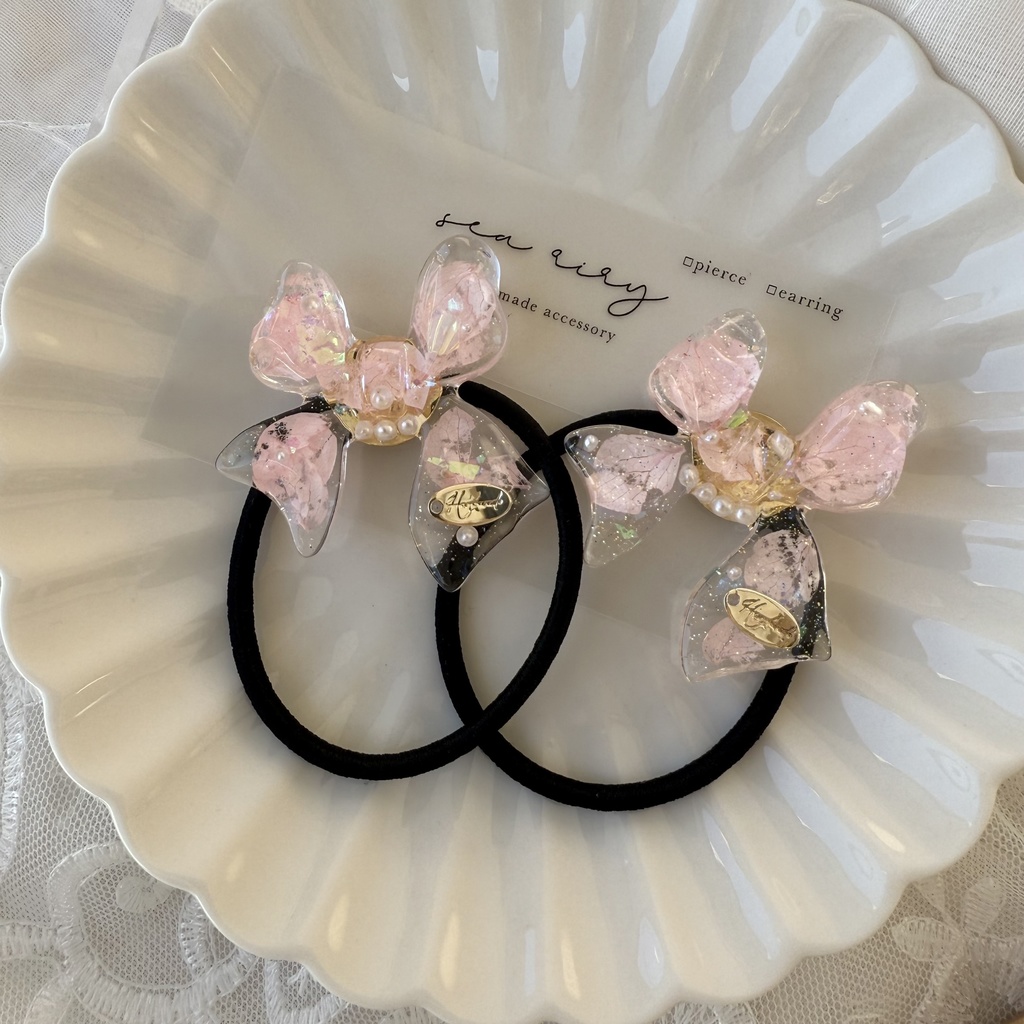 no.114 桜色リボンヘアゴム さくら色 紫陽花 パール ribbon ハンドメイドヘアゴム キッズ kids