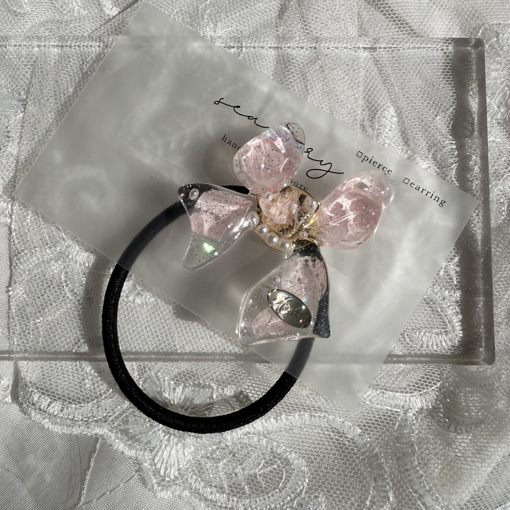 no.114 桜色リボンヘアゴム さくら色 紫陽花 パール ribbon ハンドメイドヘアゴム キッズ kids