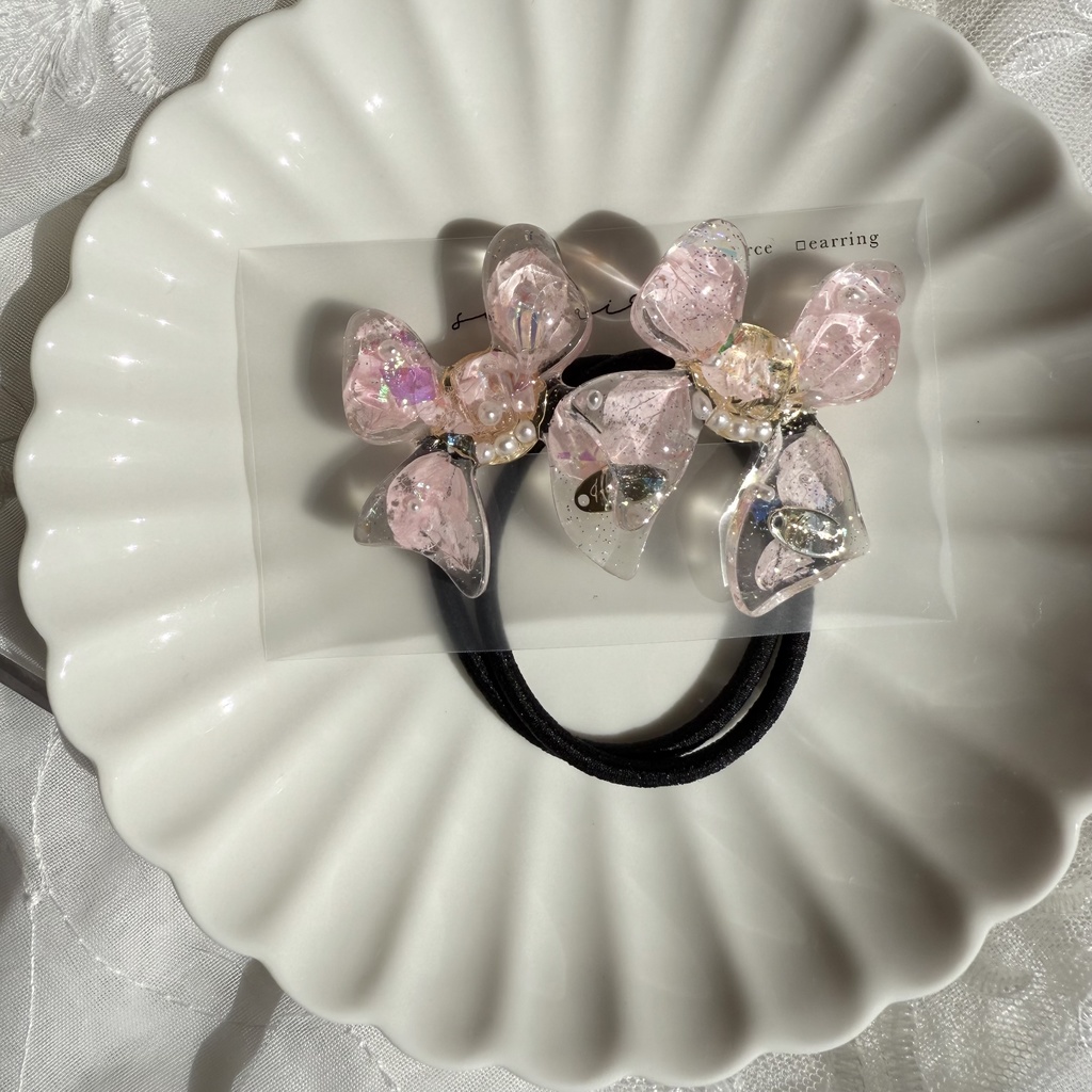 no.114 桜色リボンヘアゴム さくら色 紫陽花 パール ribbon ハンドメイドヘアゴム キッズ kids