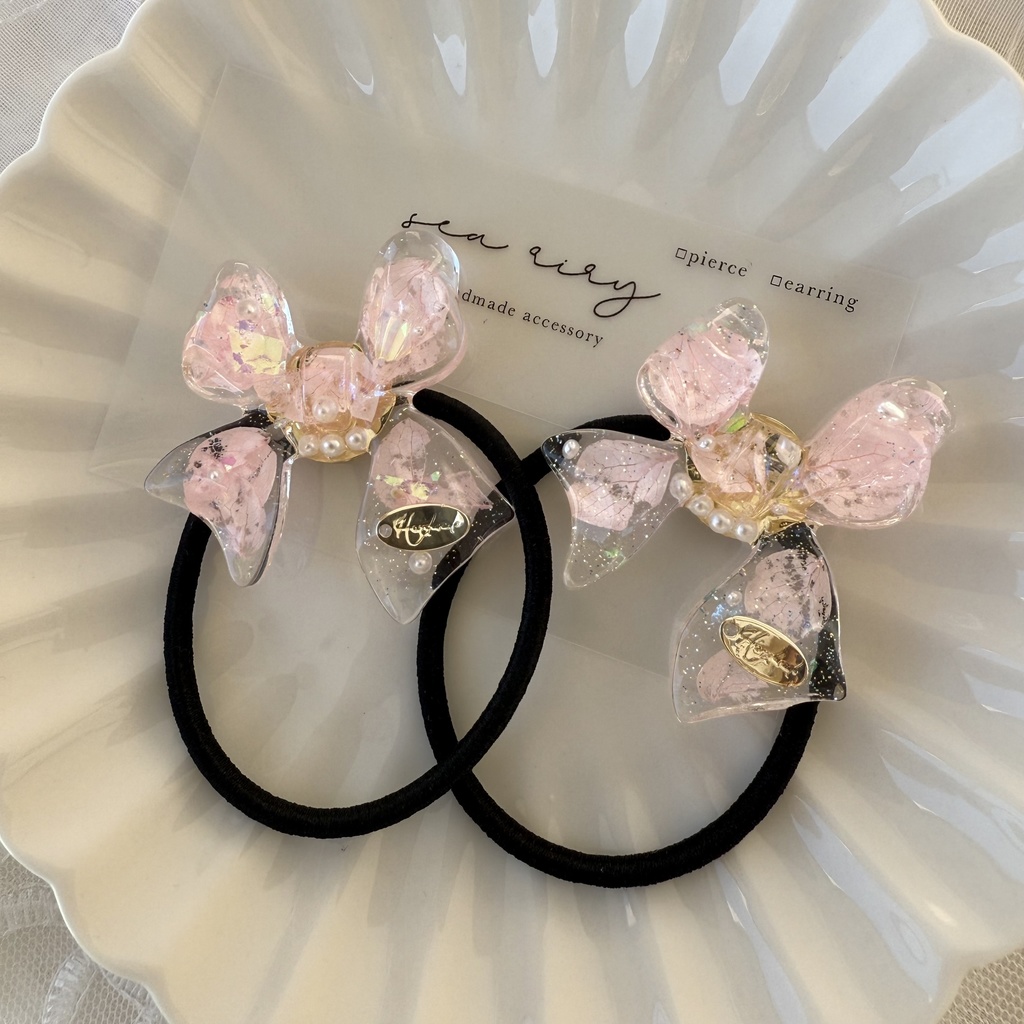 no.114 桜色リボンヘアゴム さくら色 紫陽花 パール ribbon ハンドメイドヘアゴム キッズ kids