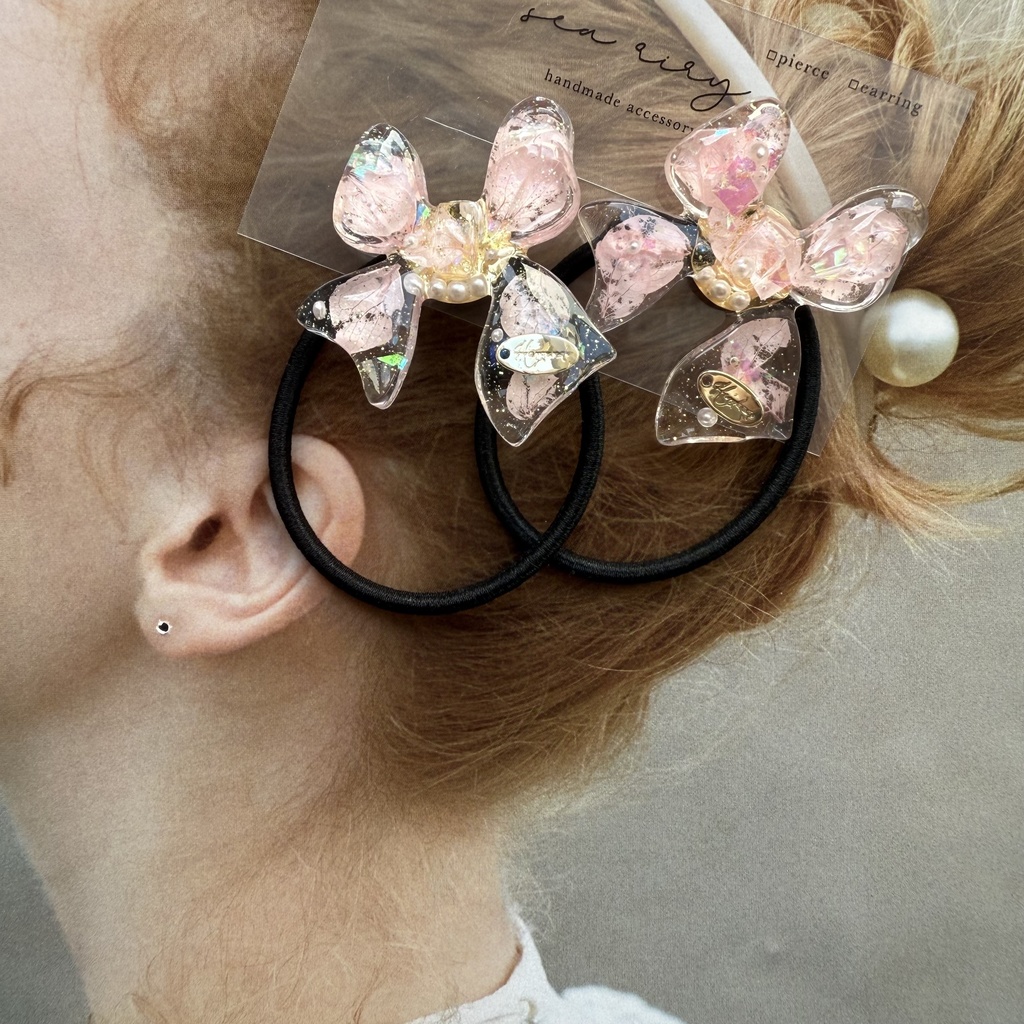 no.114 桜色リボンヘアゴム さくら色 紫陽花 パール ribbon ハンドメイドヘアゴム キッズ kids