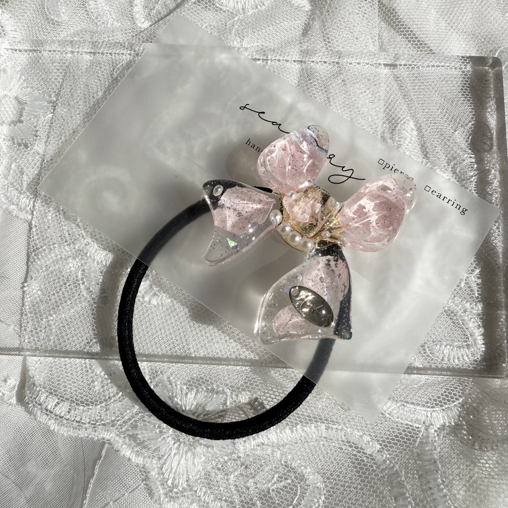 no.114 桜色リボンヘアゴム さくら色 紫陽花 パール ribbon ハンドメイドヘアゴム キッズ kids