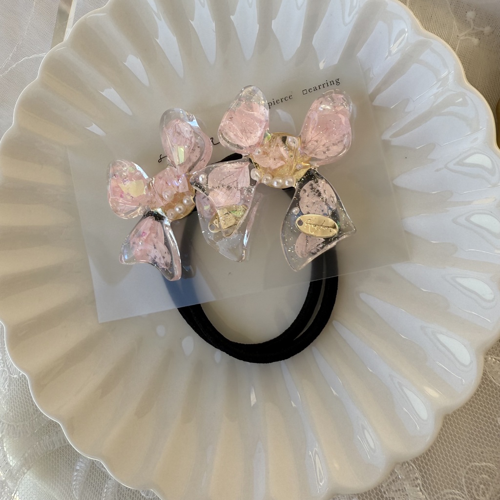 no.114 桜色リボンヘアゴム さくら色 紫陽花 パール ribbon ハンドメイドヘアゴム キッズ kids