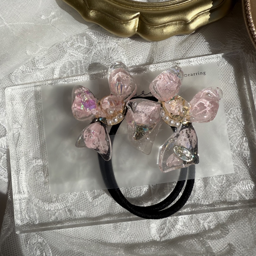 no.114 桜色リボンヘアゴム さくら色 紫陽花 パール ribbon ハンドメイドヘアゴム キッズ kids