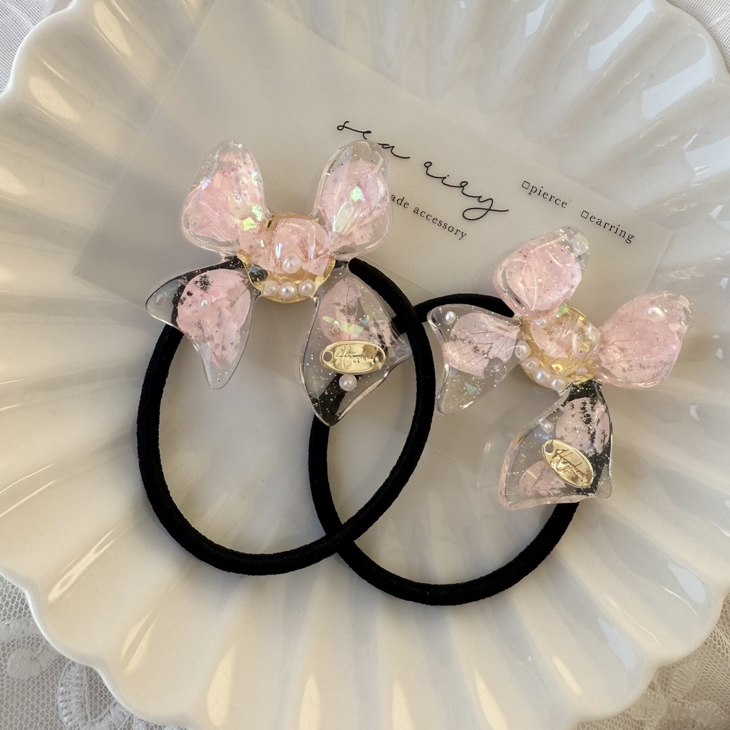 no.114 桜色リボンヘアゴム さくら色 紫陽花 パール ribbon ハンドメイドヘアゴム キッズ kids