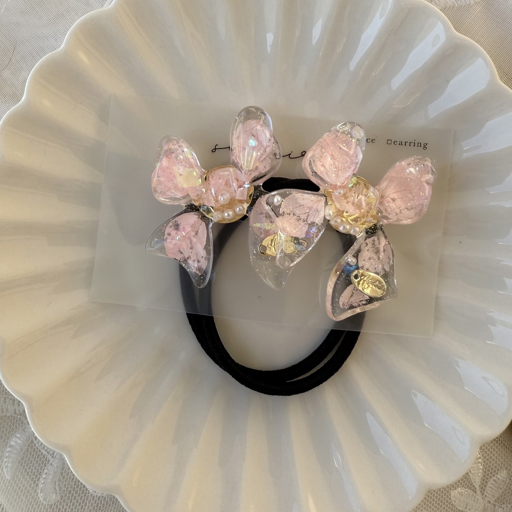 no.114 桜色リボンヘアゴム さくら色 紫陽花 パール ribbon ハンドメイドヘアゴム キッズ kids
