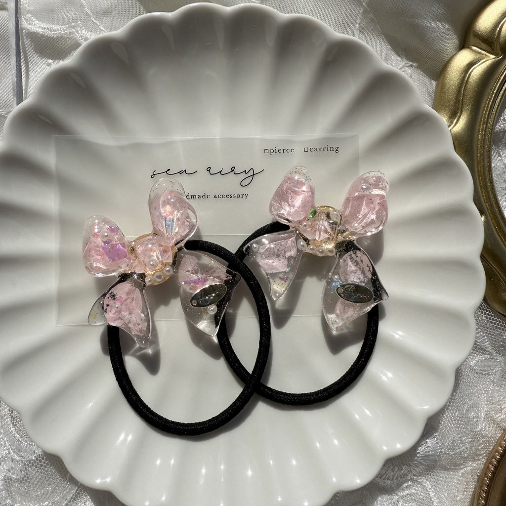 no.114 桜色リボンヘアゴム さくら色 紫陽花 パール ribbon ハンドメイドヘアゴム キッズ kids