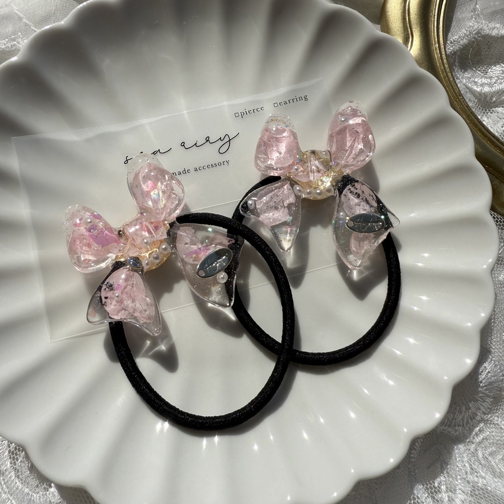 no.114 桜色リボンヘアゴム さくら色 紫陽花 パール ribbon ハンドメイドヘアゴム キッズ kids