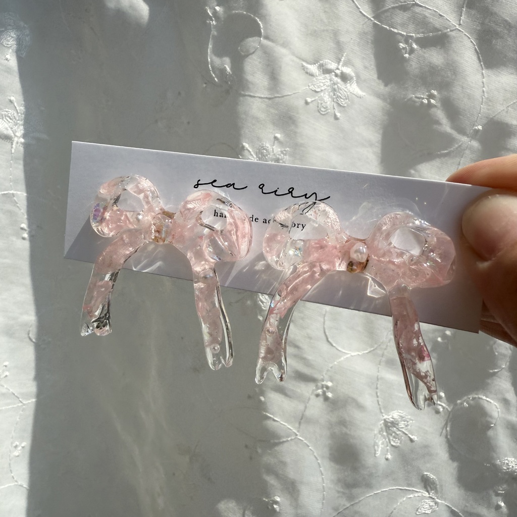 no.116 さくら色リボンピアス 桜色 紫陽花 ドライフラワー パール リボン サージカルステンレス ポストピアス
