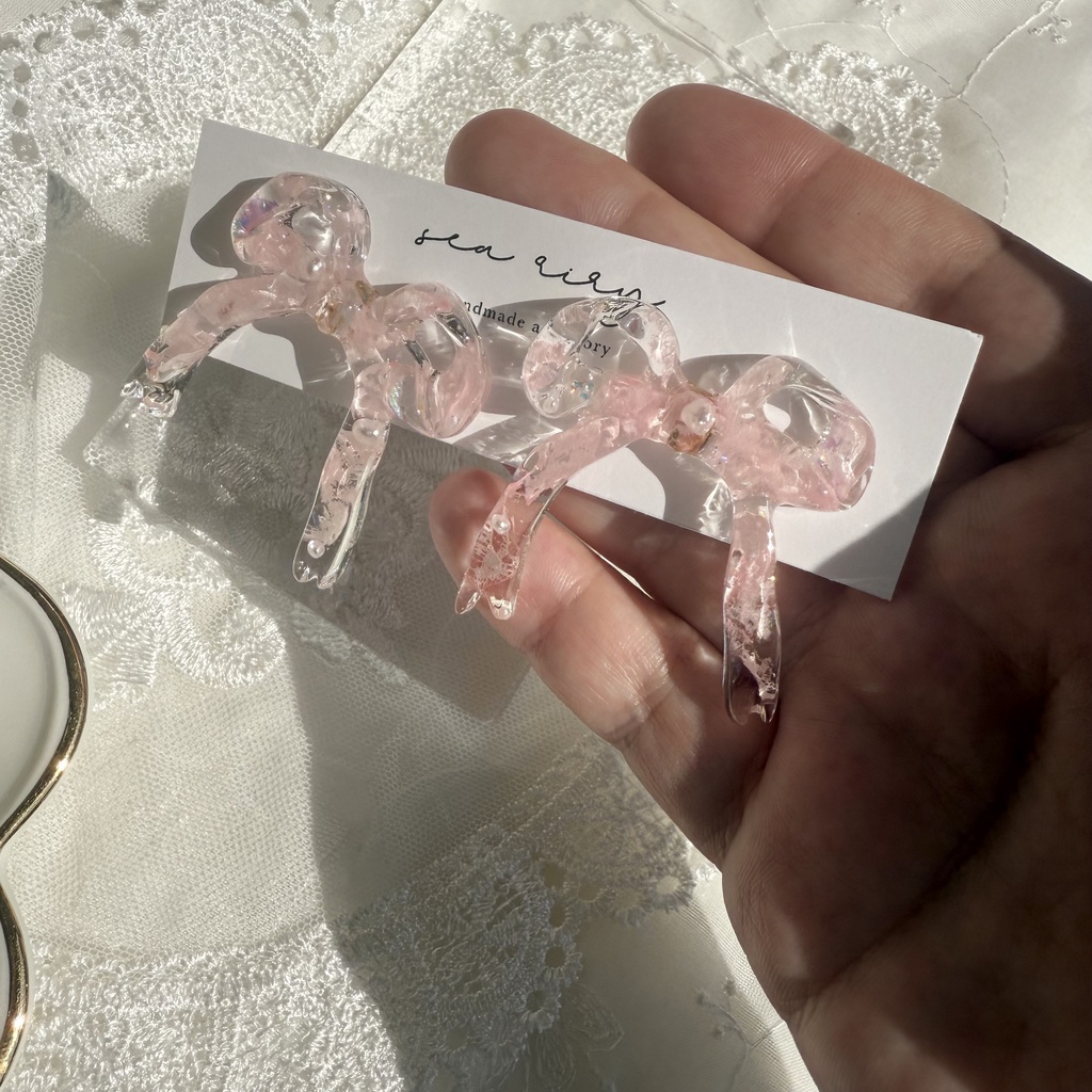 no.116 さくら色リボンピアス 桜色 紫陽花 ドライフラワー パール リボン サージカルステンレス ポストピアス