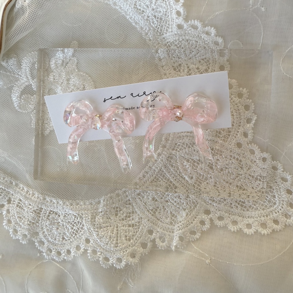 no.116 さくら色リボンピアス 桜色 紫陽花 ドライフラワー パール リボン サージカルステンレス ポストピアス