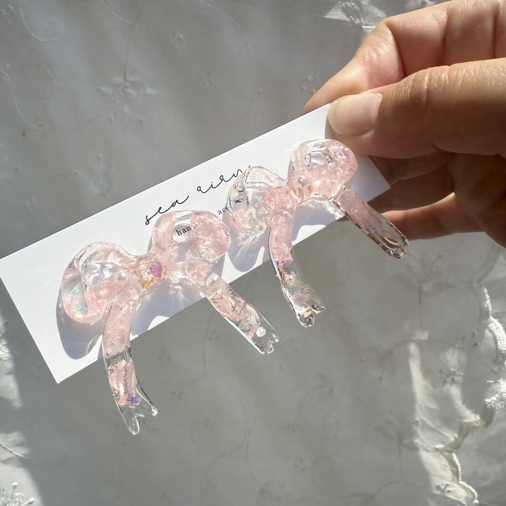 no.116 さくら色リボンピアス 桜色 紫陽花 ドライフラワー パール リボン サージカルステンレス ポストピアス
