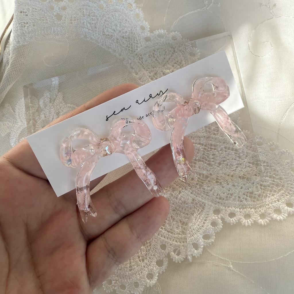 no.116 さくら色リボンピアス 桜色 紫陽花 ドライフラワー パール リボン サージカルステンレス ポストピアス