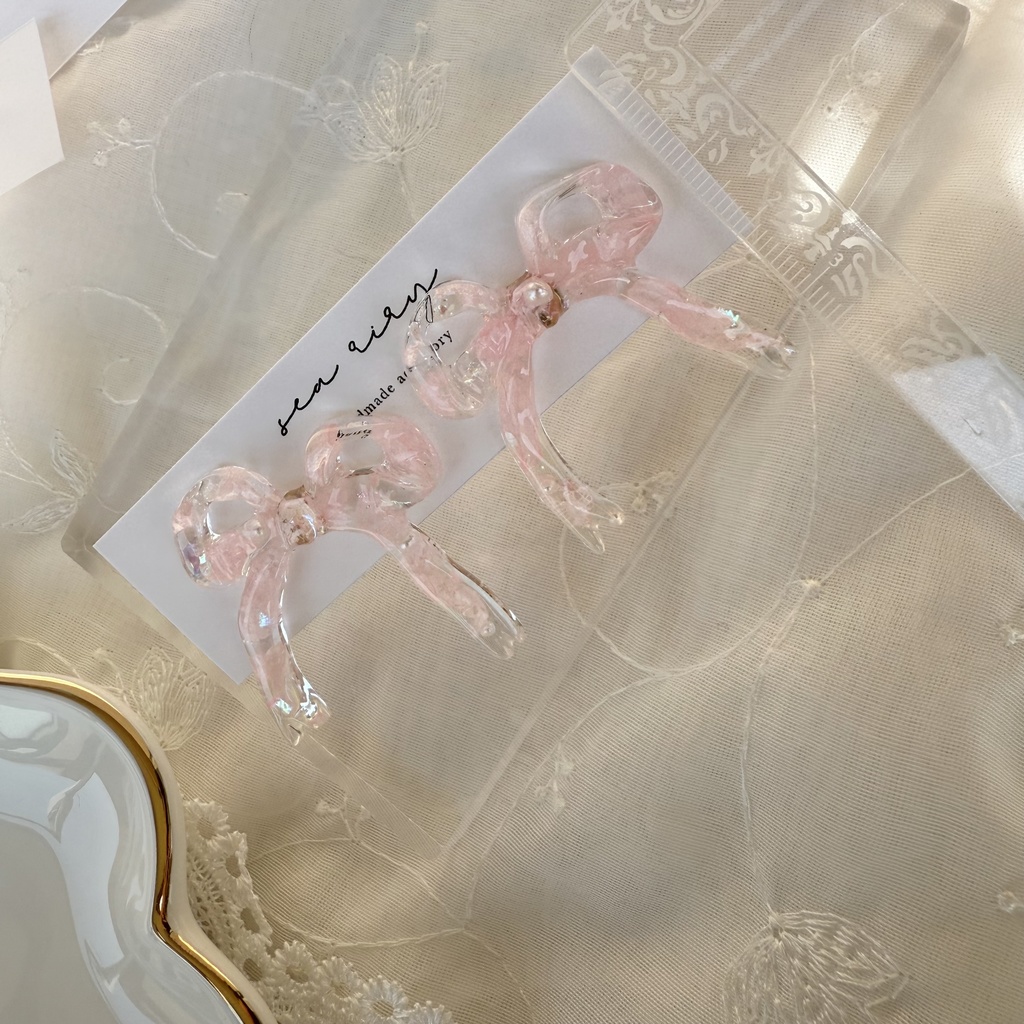 no.116 さくら色リボンピアス 桜色 紫陽花 ドライフラワー パール リボン サージカルステンレス ポストピアス