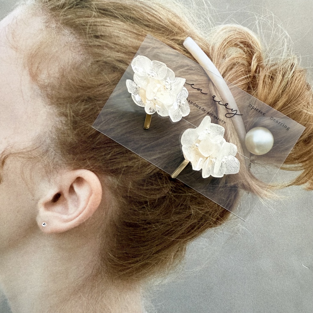 no.120 再販 限定セット 紫陽花のヘアクリップとポニーフック セット ホワイトアナベル レジンヘアアクセサリー ポニーフック ヘアクリップ ハンドメイド