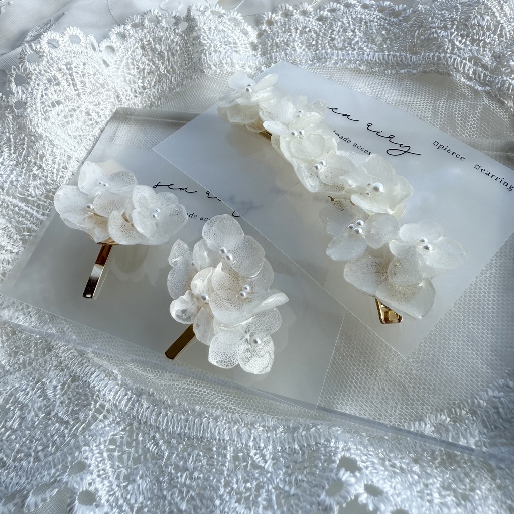 no.120 再販 限定セット 紫陽花のヘアクリップとポニーフック セット ホワイトアナベル レジンヘアアクセサリー ポニーフック ヘアクリップ ハンドメイド