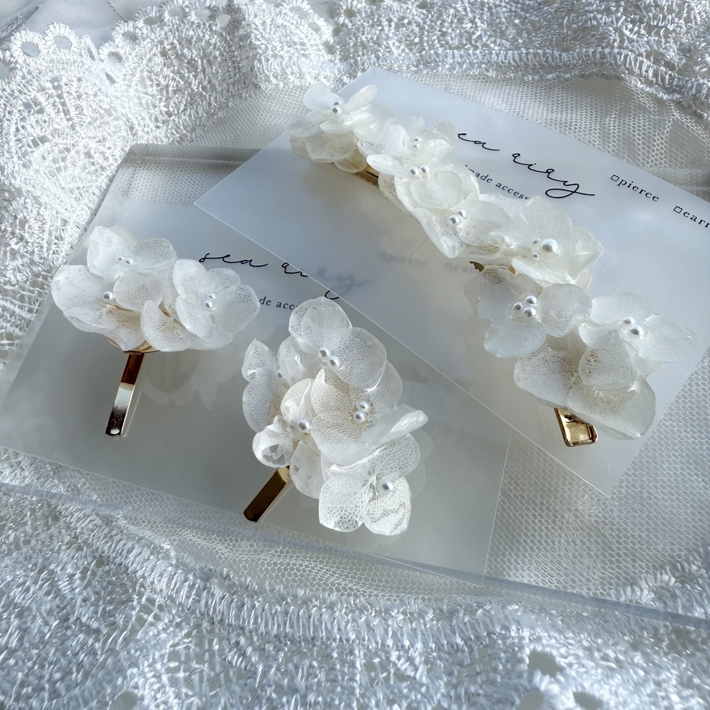 no.120 再販 限定セット 紫陽花のヘアクリップとポニーフック セット ホワイトアナベル レジンヘアアクセサリー ポニーフック ヘアクリップ ハンドメイド