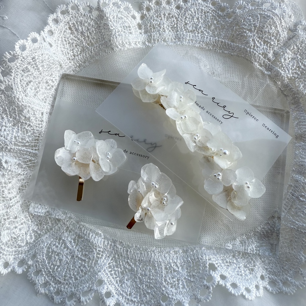 no.120 再販 限定セット 紫陽花のヘアクリップとポニーフック セット ホワイトアナベル レジンヘアアクセサリー ポニーフック ヘアクリップ ハンドメイド