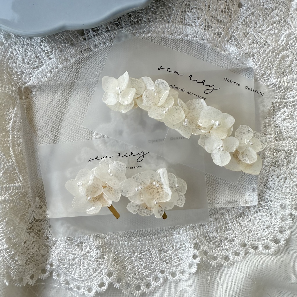 no.120 再販 限定セット 紫陽花のヘアクリップとポニーフック セット ホワイトアナベル レジンヘアアクセサリー ポニーフック ヘアクリップ ハンドメイド