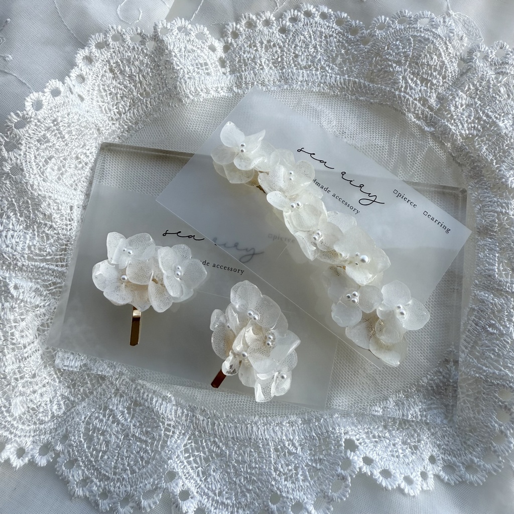 no.120 再販 限定セット 紫陽花のヘアクリップとポニーフック セット ホワイトアナベル レジンヘアアクセサリー ポニーフック ヘアクリップ ハンドメイド