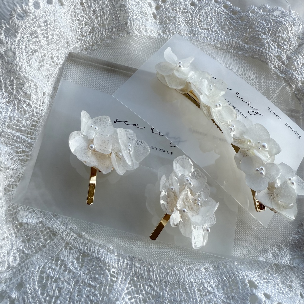 no.120 再販 限定セット 紫陽花のヘアクリップとポニーフック セット ホワイトアナベル レジンヘアアクセサリー ポニーフック ヘアクリップ ハンドメイド