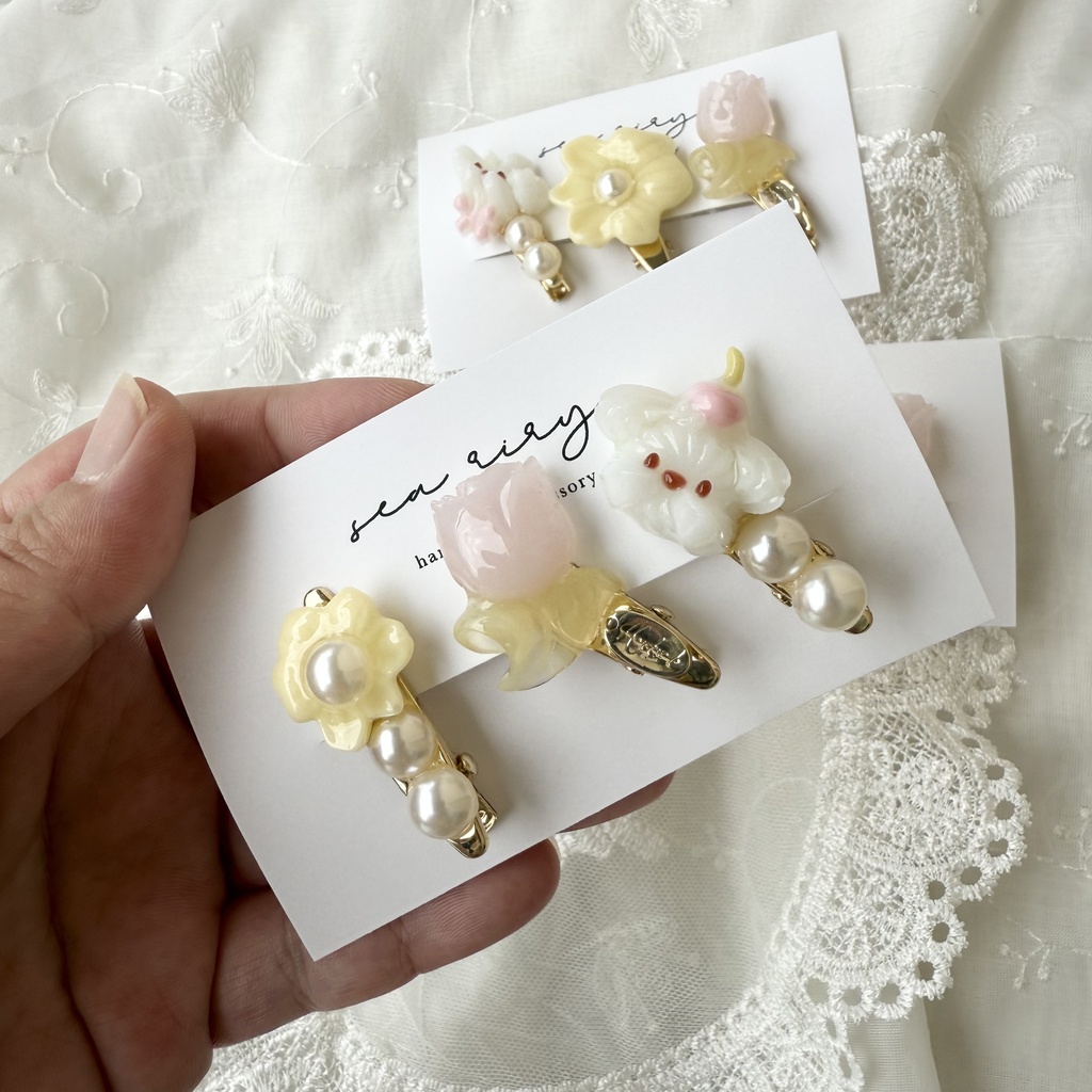 no.125 限定セット ホイップわんちゃんとチューリップのミニヘアクリップ 3本セット お花 いぬ わんちゃん パール ヘアクリップ