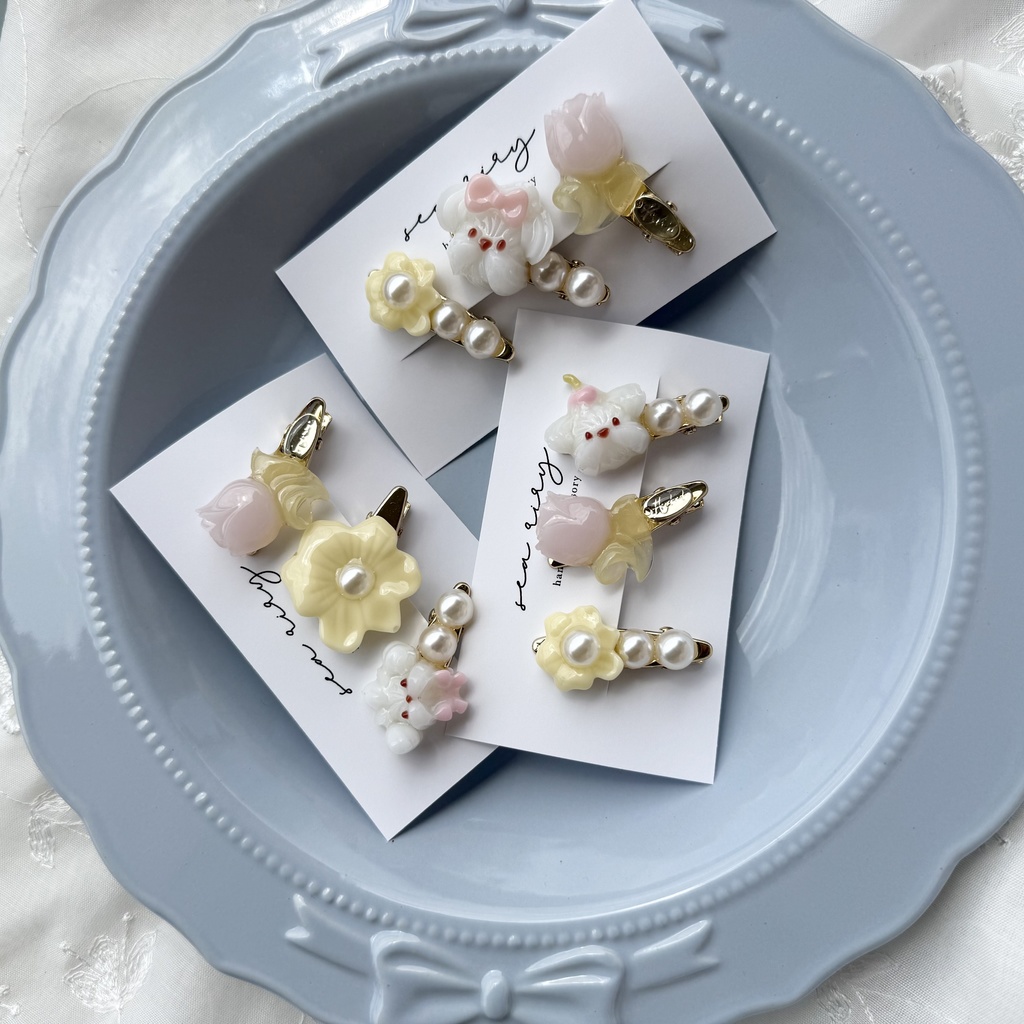 no.125 限定セット ホイップわんちゃんとチューリップのミニヘアクリップ 3本セット お花 いぬ わんちゃん パール ヘアクリップ