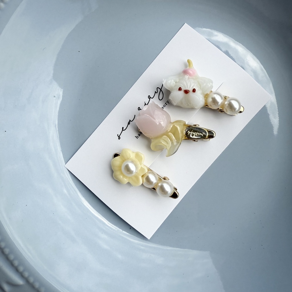 no.125 限定セット ホイップわんちゃんとチューリップのミニヘアクリップ 3本セット お花 いぬ わんちゃん パール ヘアクリップ
