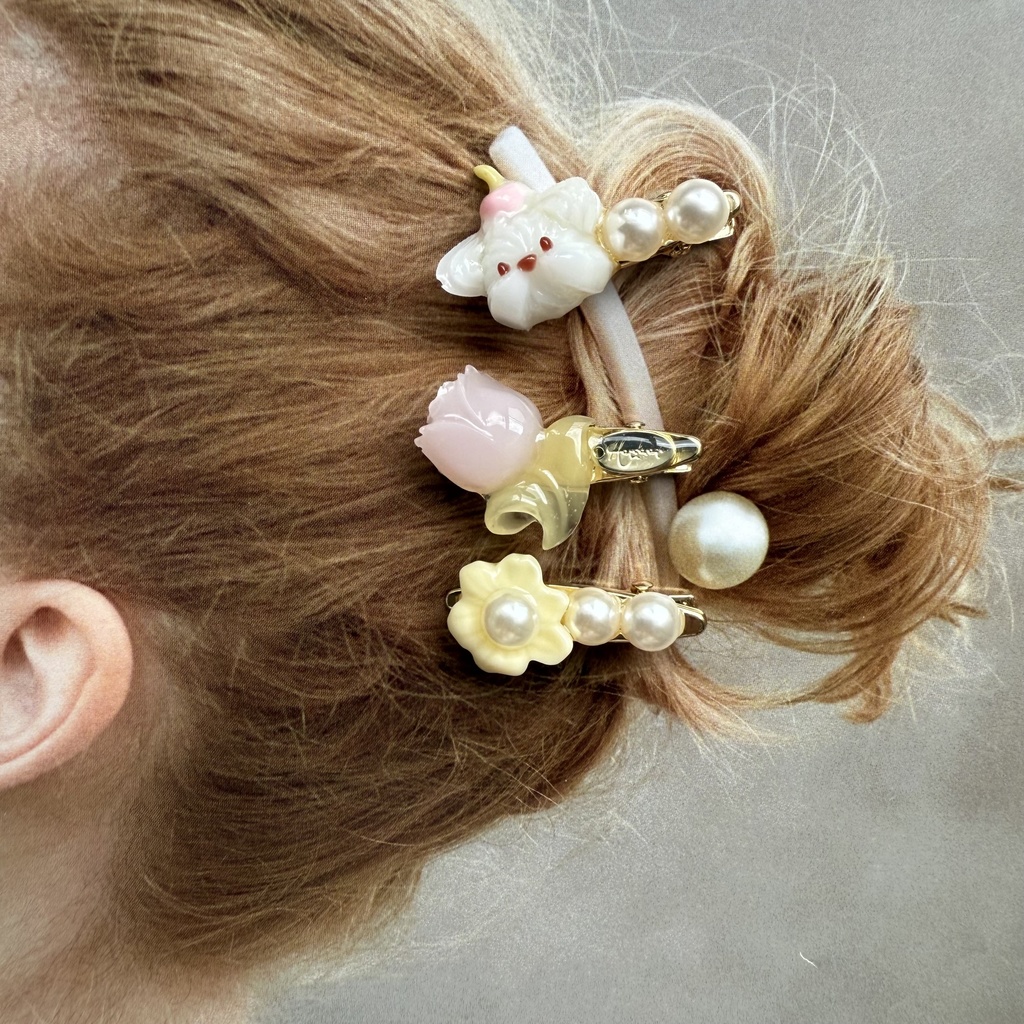 no.125 限定セット ホイップわんちゃんとチューリップのミニヘアクリップ 3本セット お花 いぬ わんちゃん パール ヘアクリップ