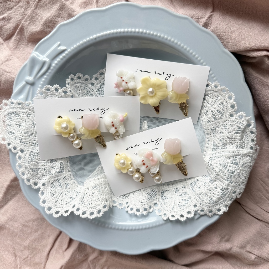 no.125 限定セット ホイップわんちゃんとチューリップのミニヘアクリップ 3本セット お花 いぬ わんちゃん パール ヘアクリップ