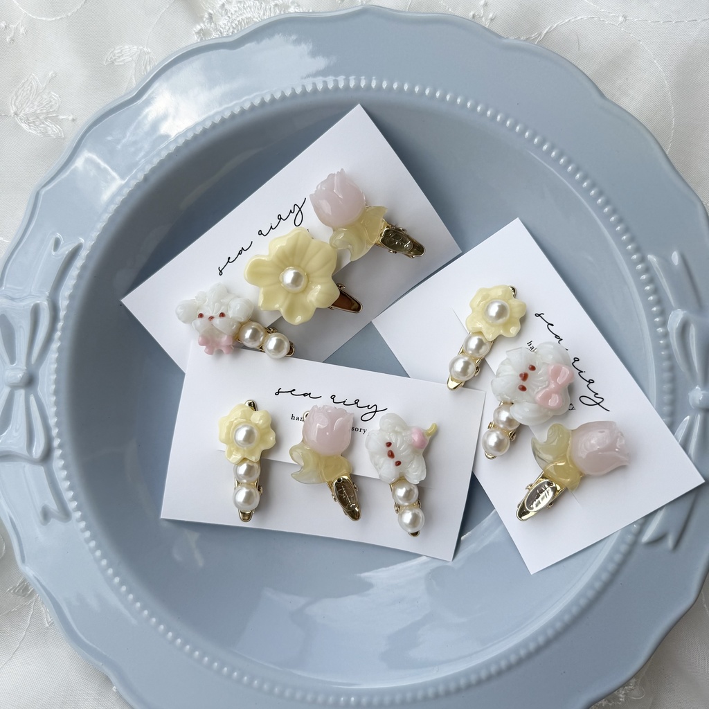 no.125 限定セット ホイップわんちゃんとチューリップのミニヘアクリップ 3本セット お花 いぬ わんちゃん パール ヘアクリップ