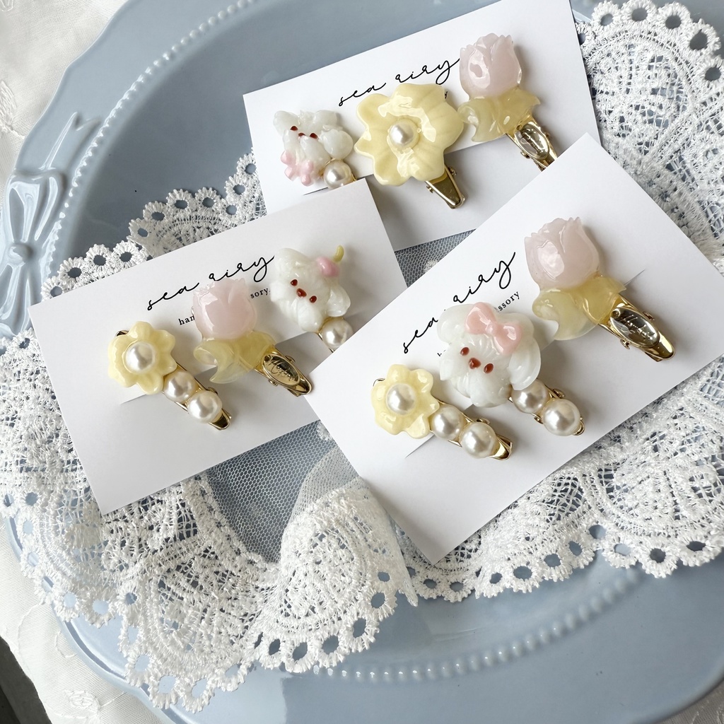 no.125 限定セット ホイップわんちゃんとチューリップのミニヘアクリップ 3本セット お花 いぬ わんちゃん パール ヘアクリップ