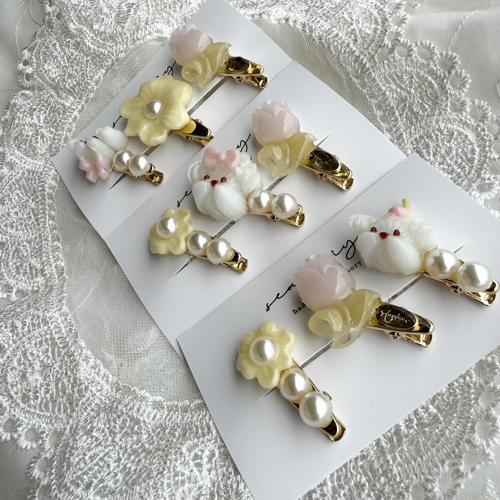 no.125 限定セット ホイップわんちゃんとチューリップのミニヘアクリップ 3本セット お花 いぬ わんちゃん パール ヘアクリップ