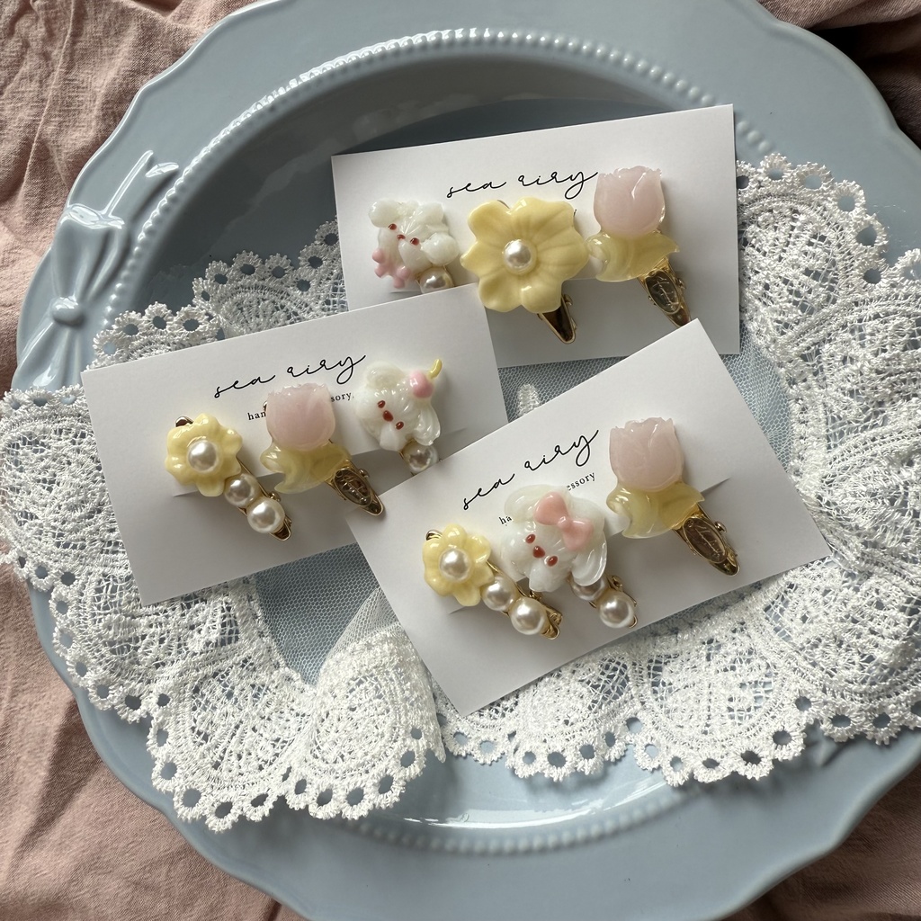 no.125 限定セット ホイップわんちゃんとチューリップのミニヘアクリップ 3本セット お花 いぬ わんちゃん パール ヘアクリップ