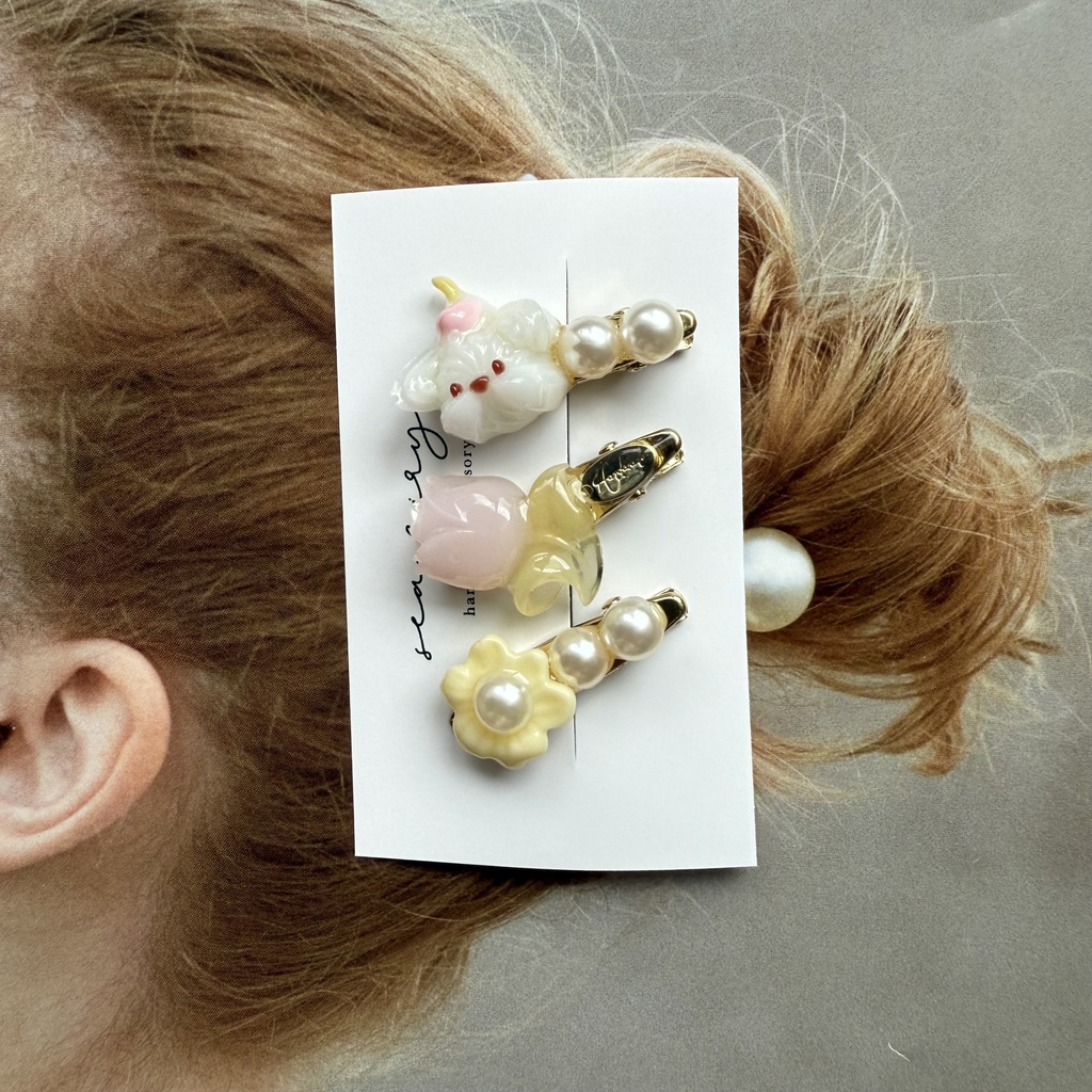 no.125 限定セット ホイップわんちゃんとチューリップのミニヘアクリップ 3本セット お花 いぬ わんちゃん パール ヘアクリップ